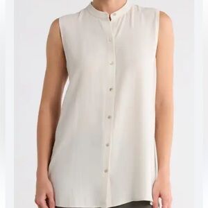 Eileen Fisher Off-White Sleeveless Silk Button-Down Top